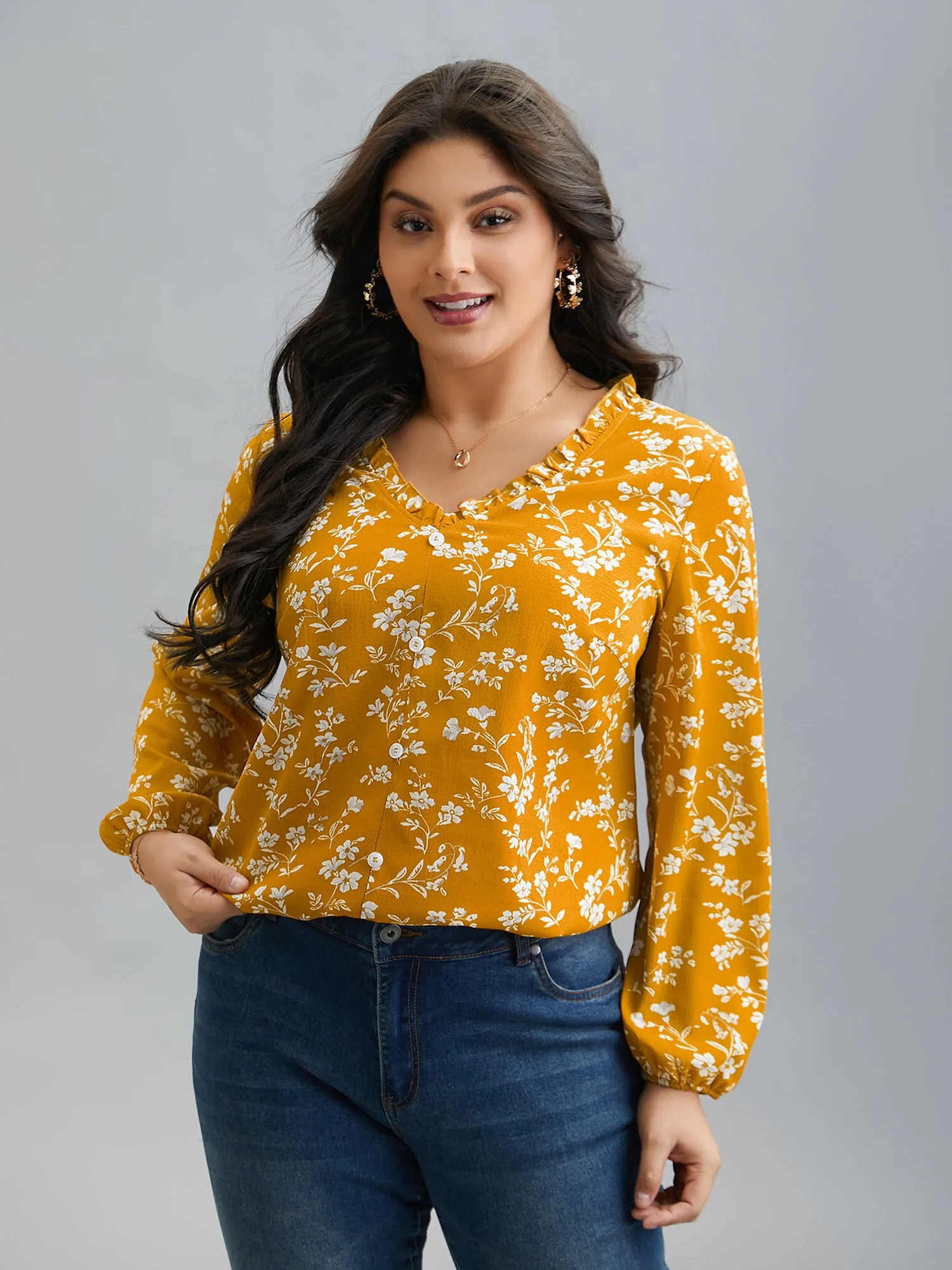 Floral Print V-Neck Ruffled Shirt sold by Bloomchic product image thumbnail 4