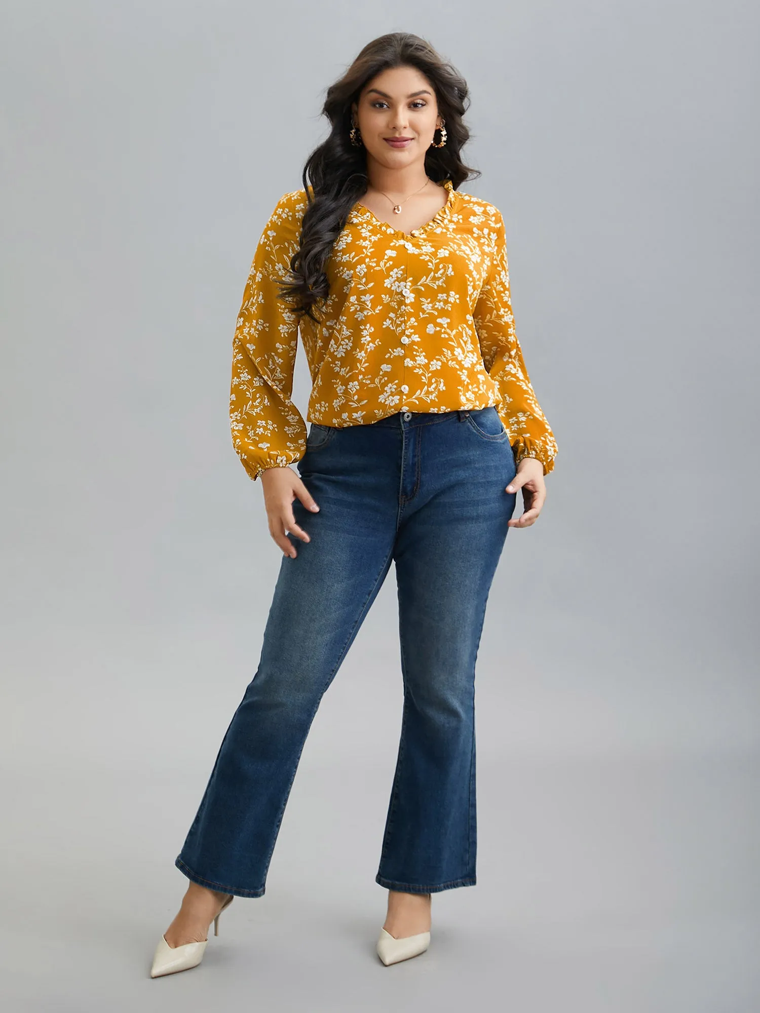 Floral Print V-Neck Ruffled Shirt sold by Bloomchic product image thumbnail 2