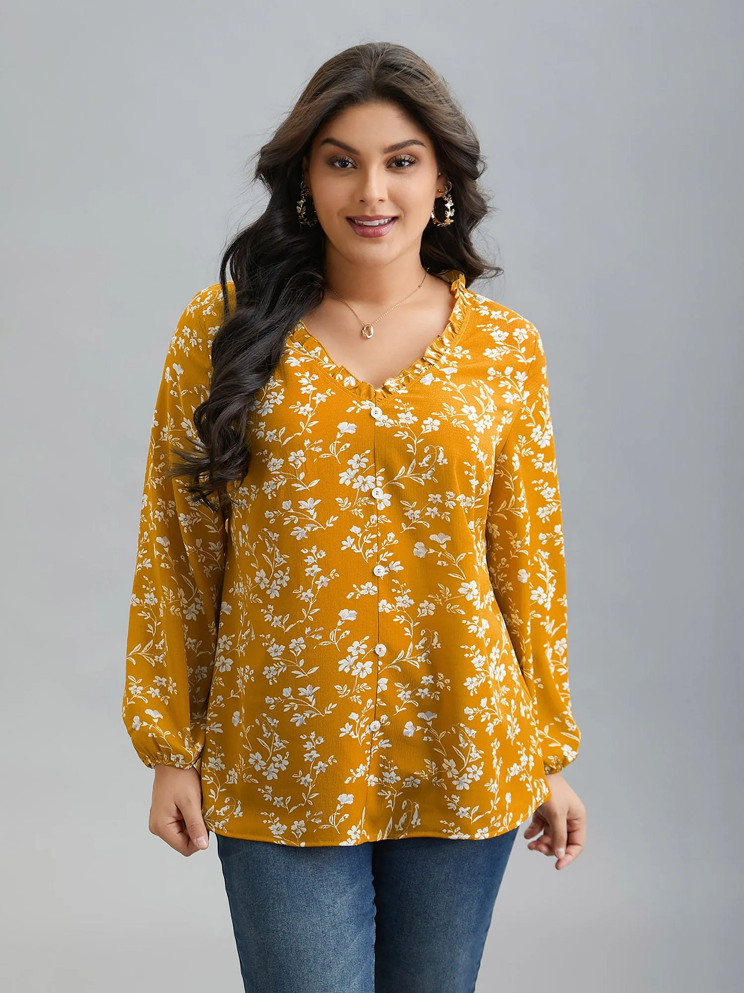 Floral Print V-Neck Ruffled Shirt sold by Bloomchic