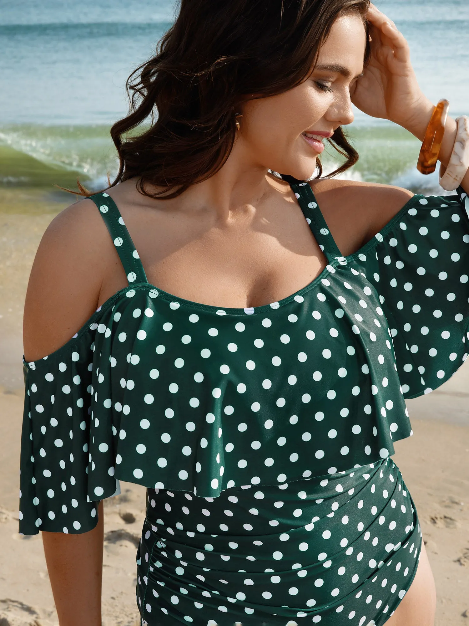 Cold-Shoulder Polka Dot Ruffle One-Piece Swimsuit sold by Bloomchic product image thumbnail 5
