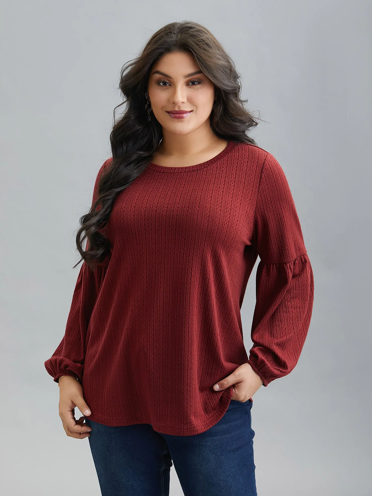 Balloon Sleeve Textured Round Neck T-Shirt sold by Bloomchic product image thumbnail 2
