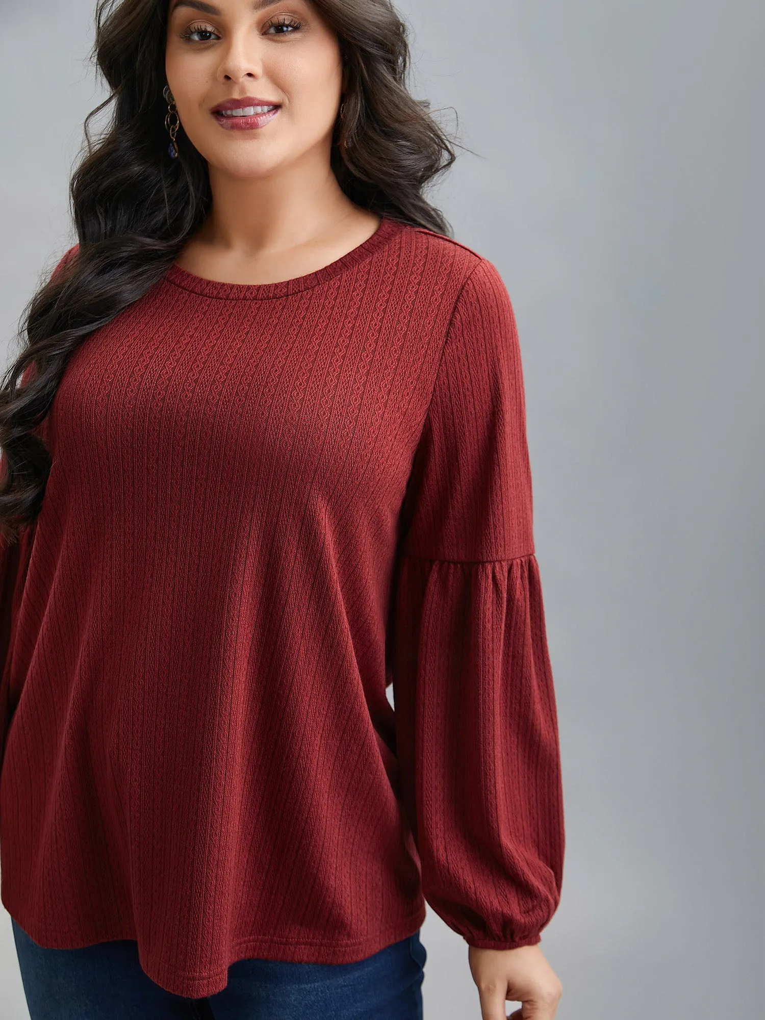 Balloon Sleeve Textured Round Neck T-Shirt sold by Bloomchic