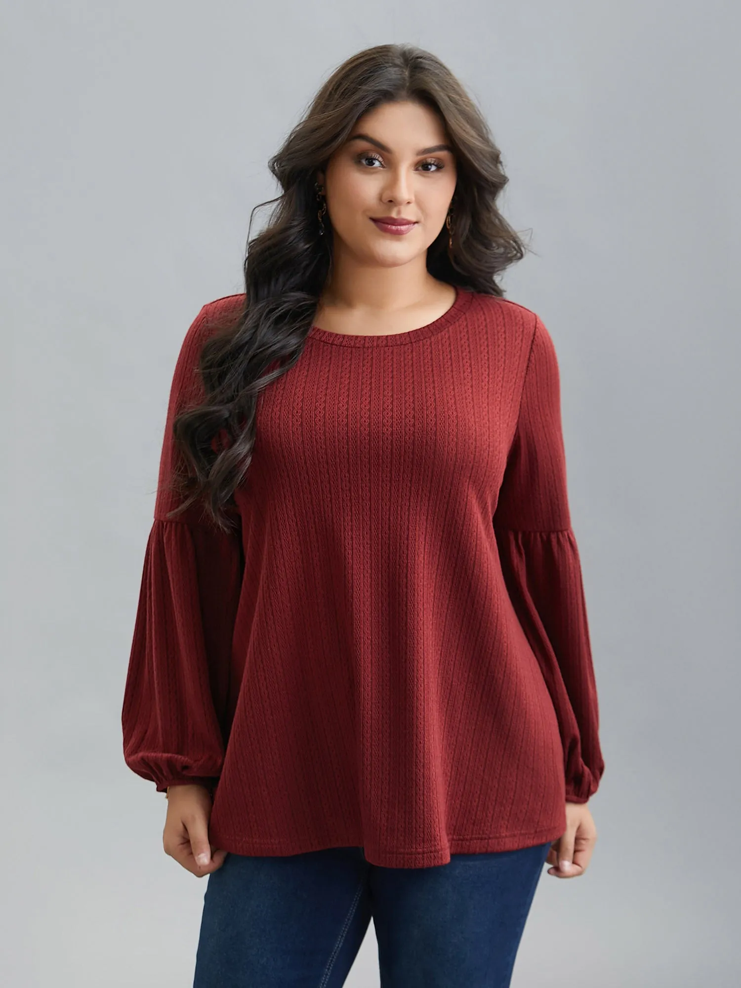 Balloon Sleeve Textured Round Neck T-Shirt sold by Bloomchic product image thumbnail 3