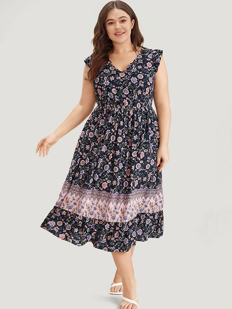 Bandana Print Contrast Ruffle Cap Sleeve Pocket Dress sold by Bloomchic