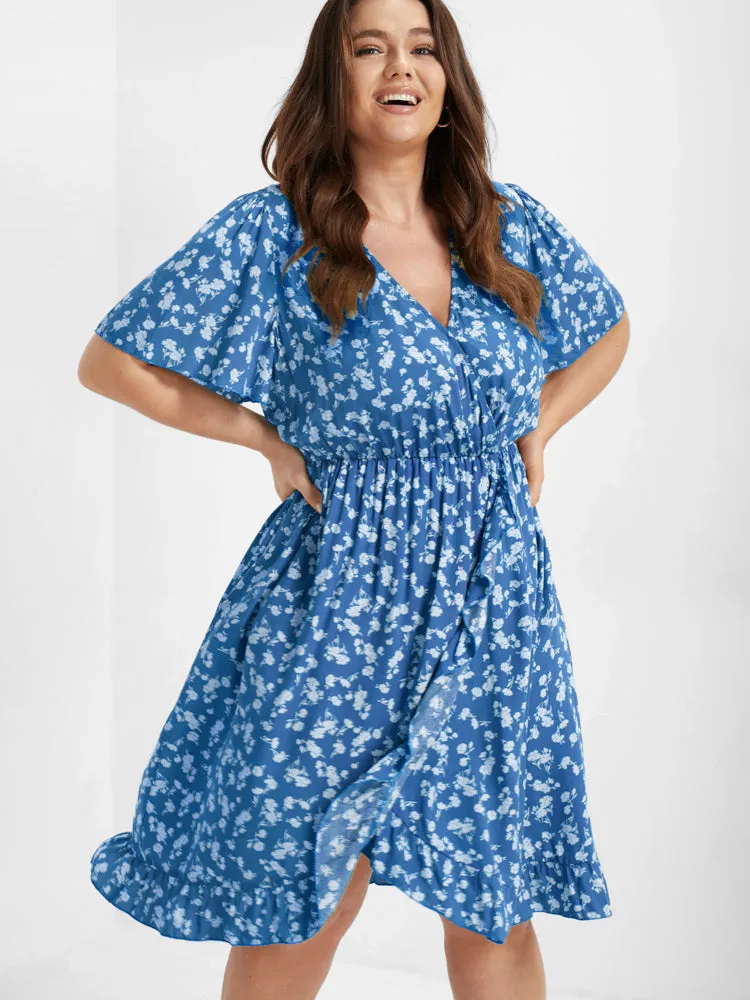 Ditsy Floral Ruffles Elastic Waist Wrap Dress sold by Bloomchic