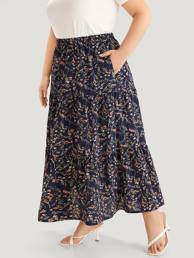 Floral Print Ruffle Layered Hem Pocket Elastic Waist Skirt sold by Bloomchic product image thumbnail 2