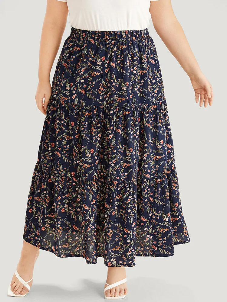 Floral Print Ruffle Layered Hem Pocket Elastic Waist Skirt sold by Bloomchic