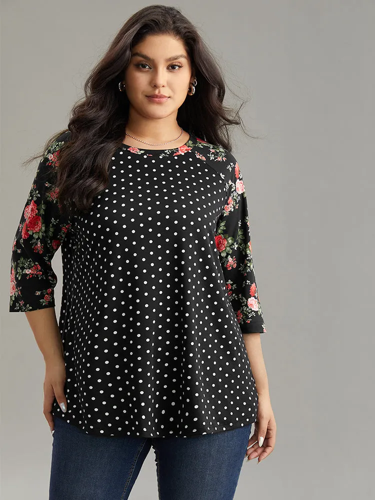 Polka Dot Patchwork Floral Contrast T-shirt sold by Bloomchic