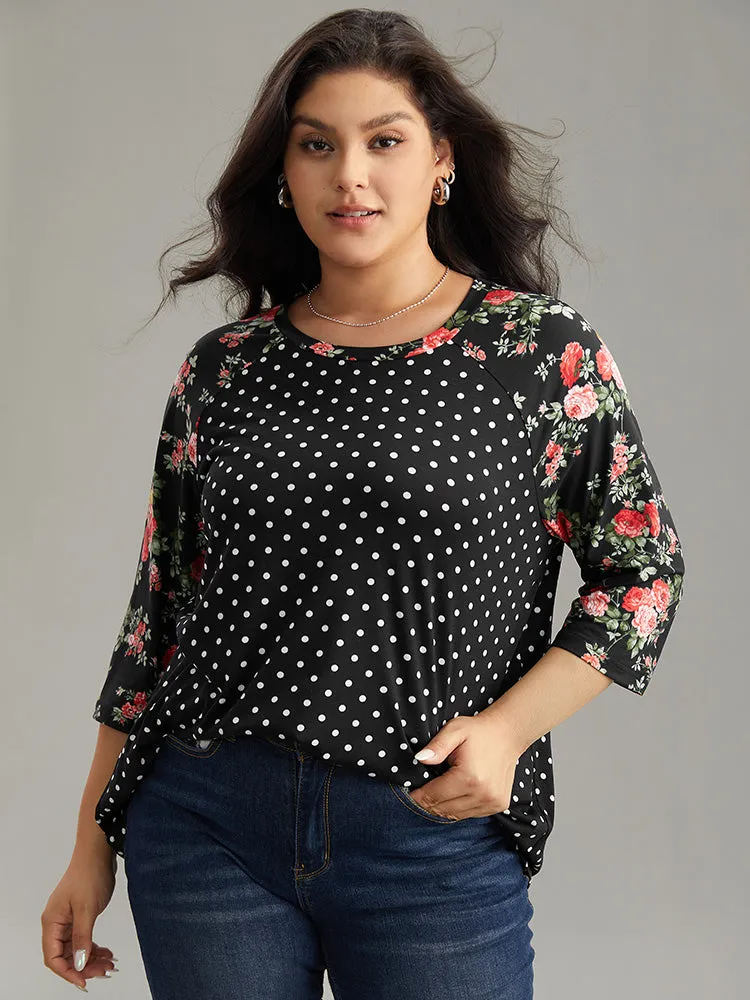 Polka Dot Patchwork Floral Contrast T-shirt sold by Bloomchic product image thumbnail 5