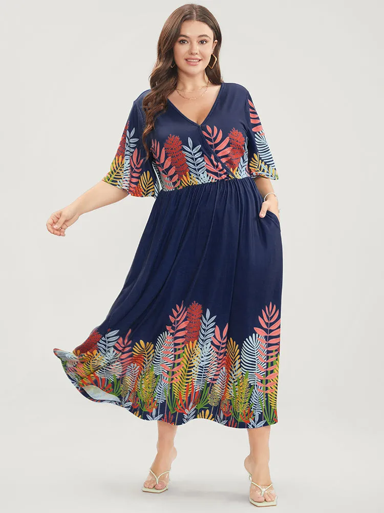 Plant Print Surplice Neck Pocket Ruffles Midi Dress sold by Bloomchic