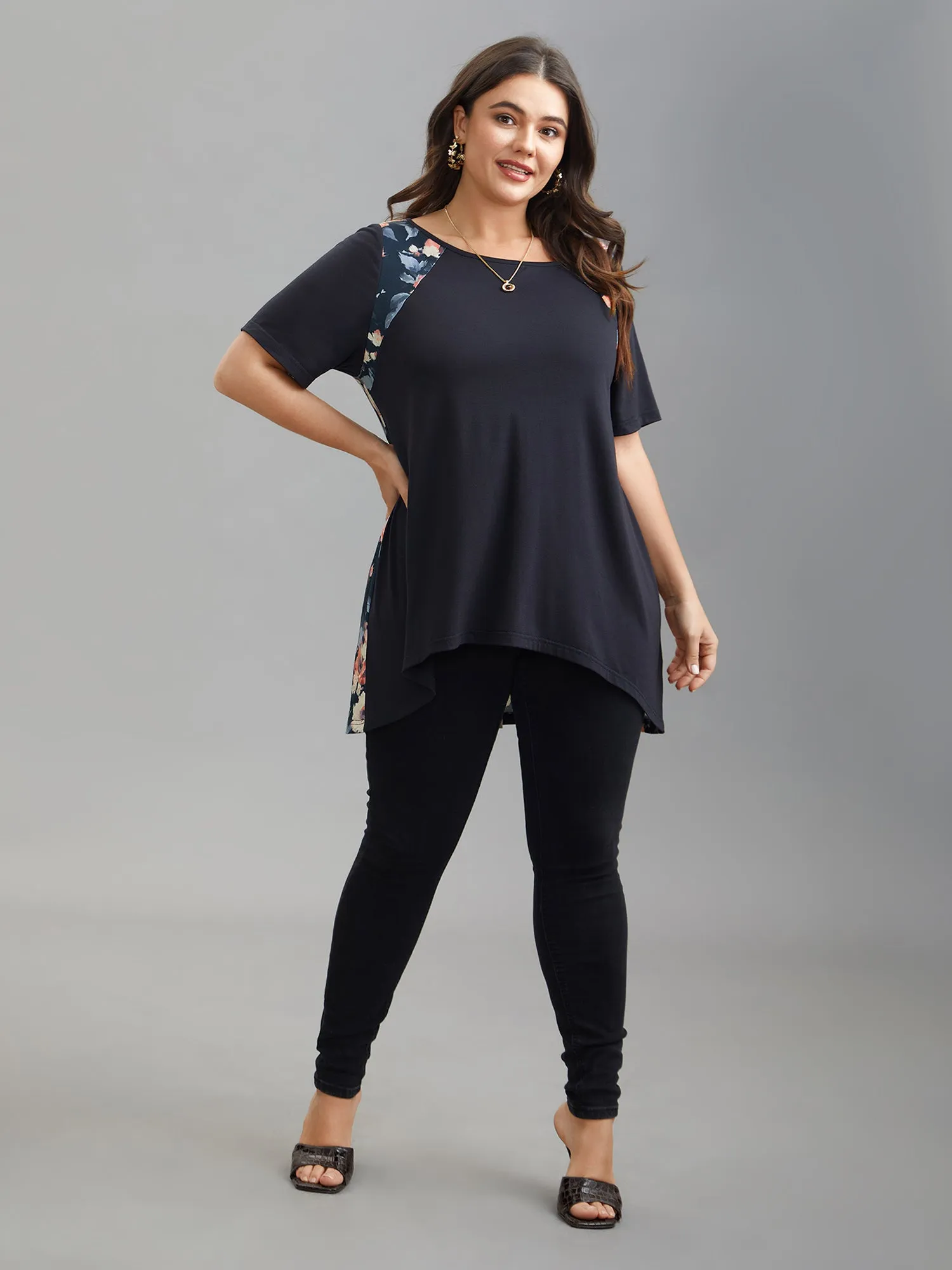 Round Neck Floral Print Patchwork Half Sleeve T-Shirt sold by Bloomchic product image thumbnail 5