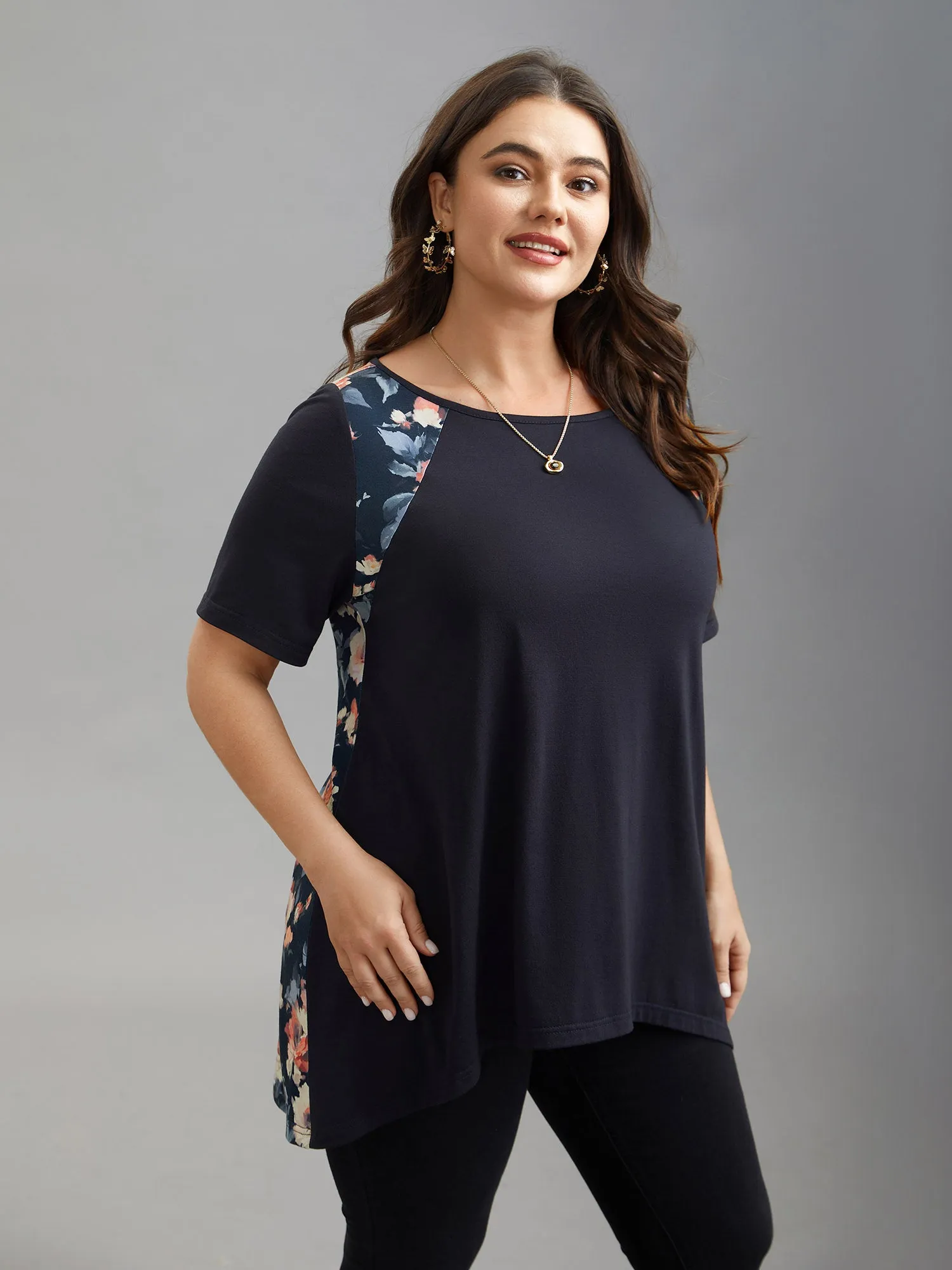 Round Neck Floral Print Patchwork Half Sleeve T-Shirt sold by Bloomchic