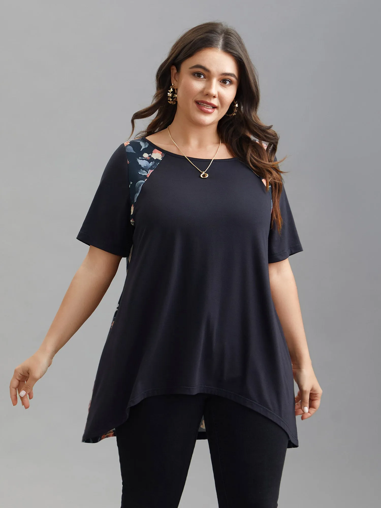 Round Neck Floral Print Patchwork Half Sleeve T-Shirt sold by Bloomchic product image thumbnail 4