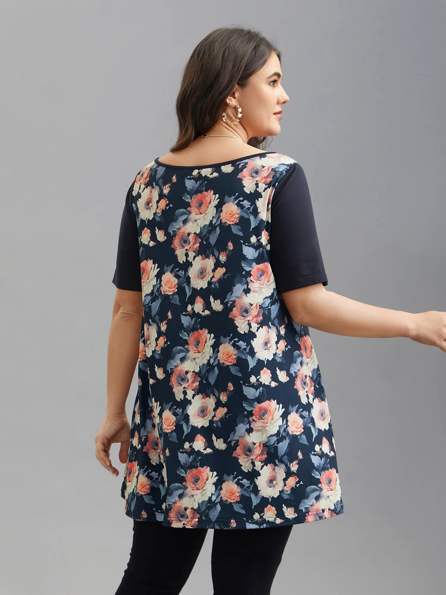 Round Neck Floral Print Patchwork Half Sleeve T-Shirt sold by Bloomchic product image thumbnail 2