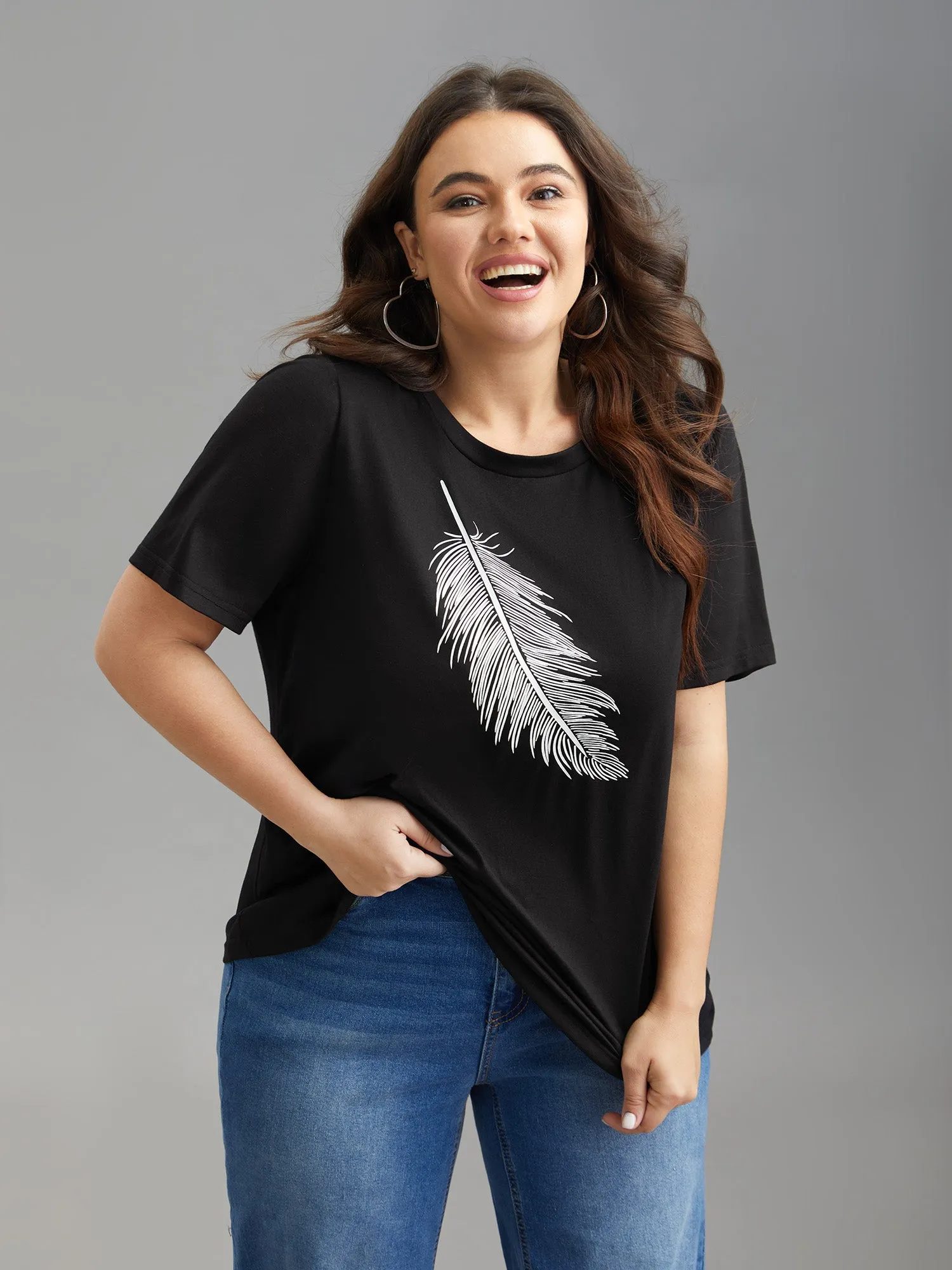 Stretchy Feather Print Round Neck T-Shirt sold by Bloomchic product image thumbnail 2