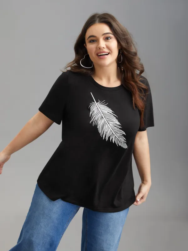 Stretchy Feather Print Round Neck T-Shirt sold by Bloomchic