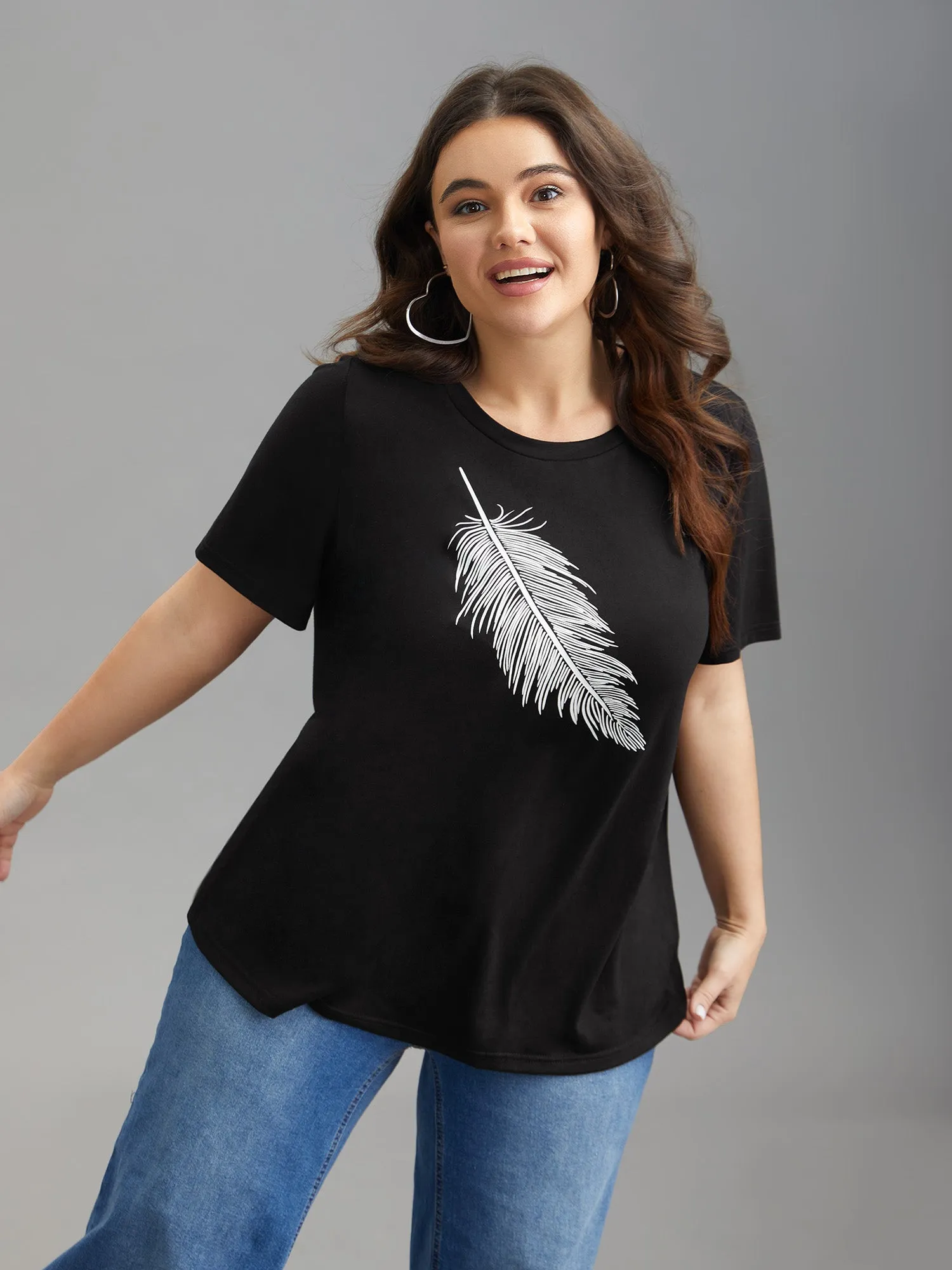 Stretchy Feather Print Round Neck T-Shirt sold by Bloomchic