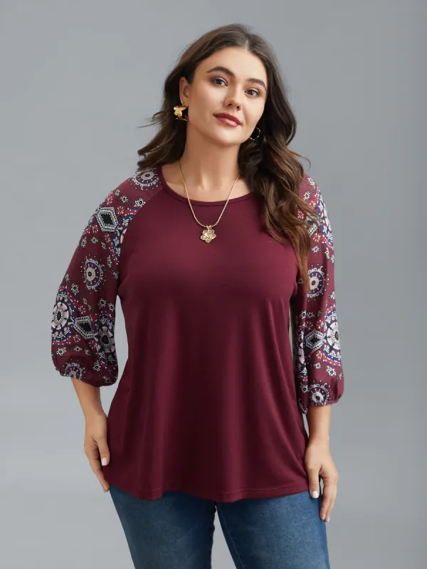 Boho Print Sleeve Round Neck T-Shirt sold by Bloomchic