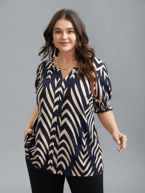 Geometric Print Ruffled Shirred Shirt sold by Bloomchic