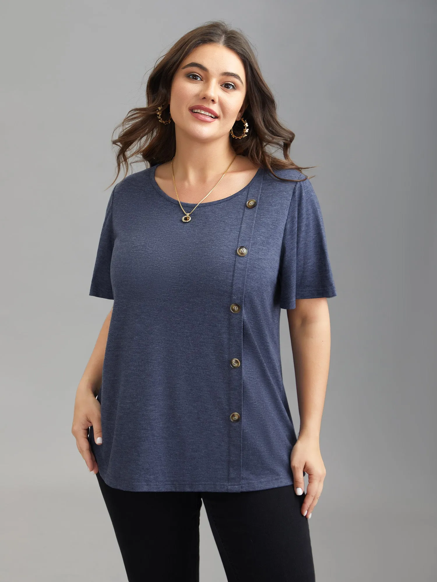 Side Buttons Round Neck Fitted T-Shirt sold by Bloomchic