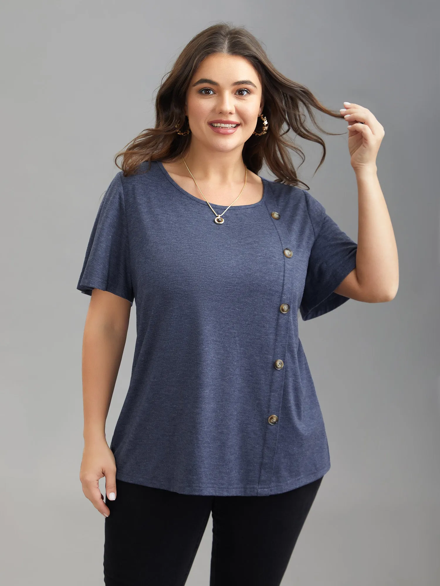 Side Buttons Round Neck Fitted T-Shirt sold by Bloomchic product image thumbnail 2
