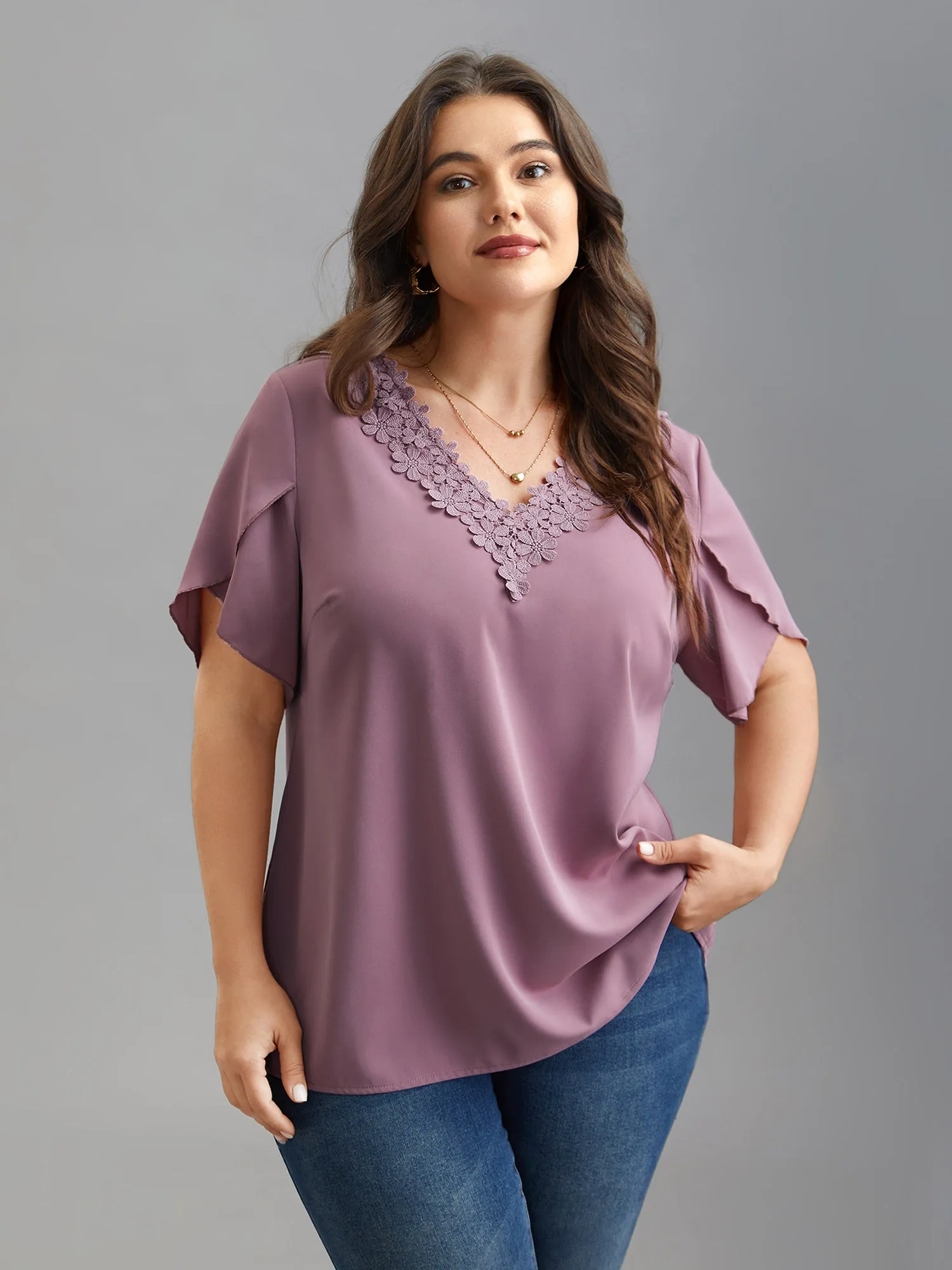 Lace V-Neck Petal Sleeve Shirt sold by Bloomchic