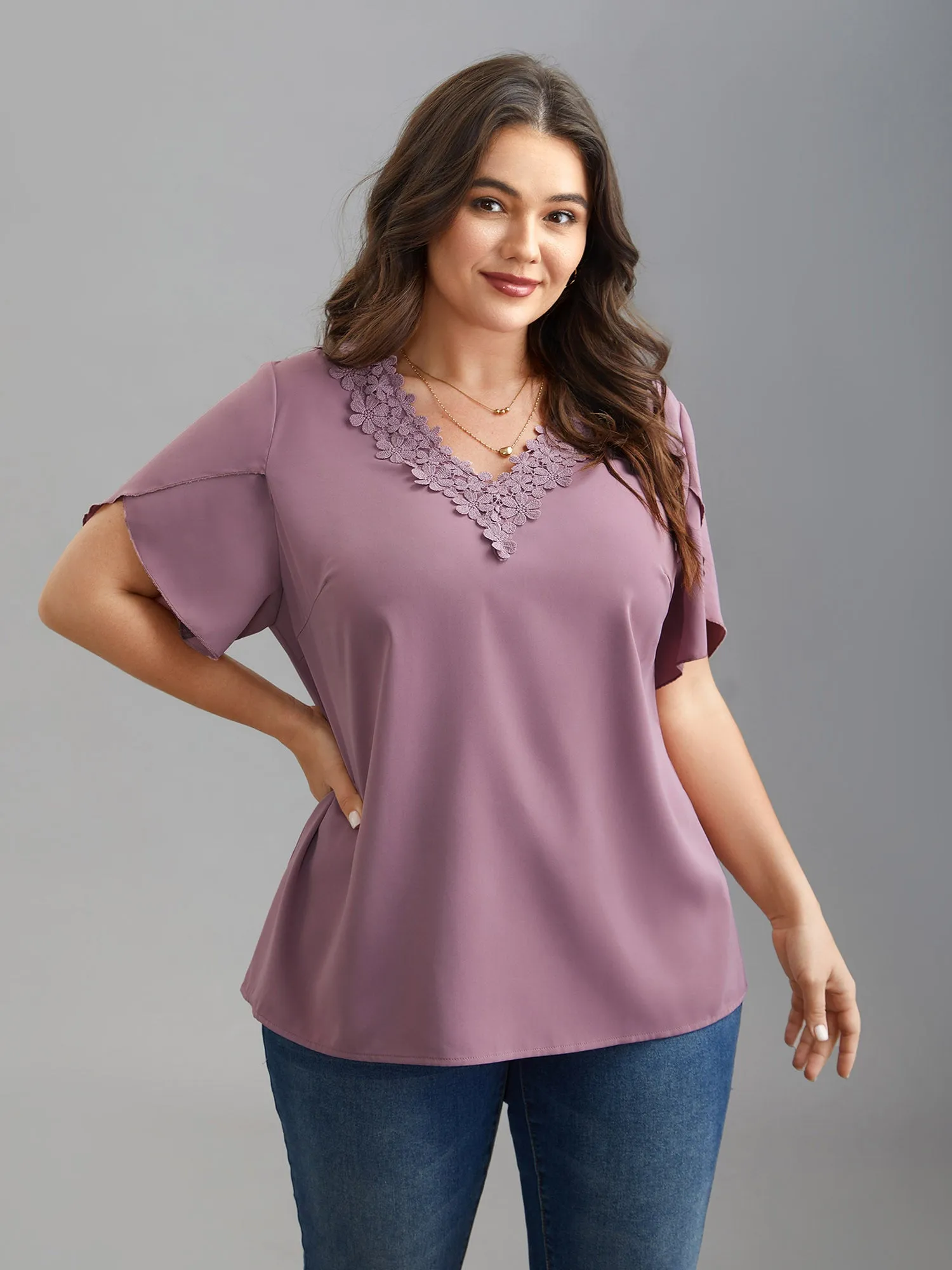 Lace V-Neck Petal Sleeve Shirt sold by Bloomchic product image thumbnail 4