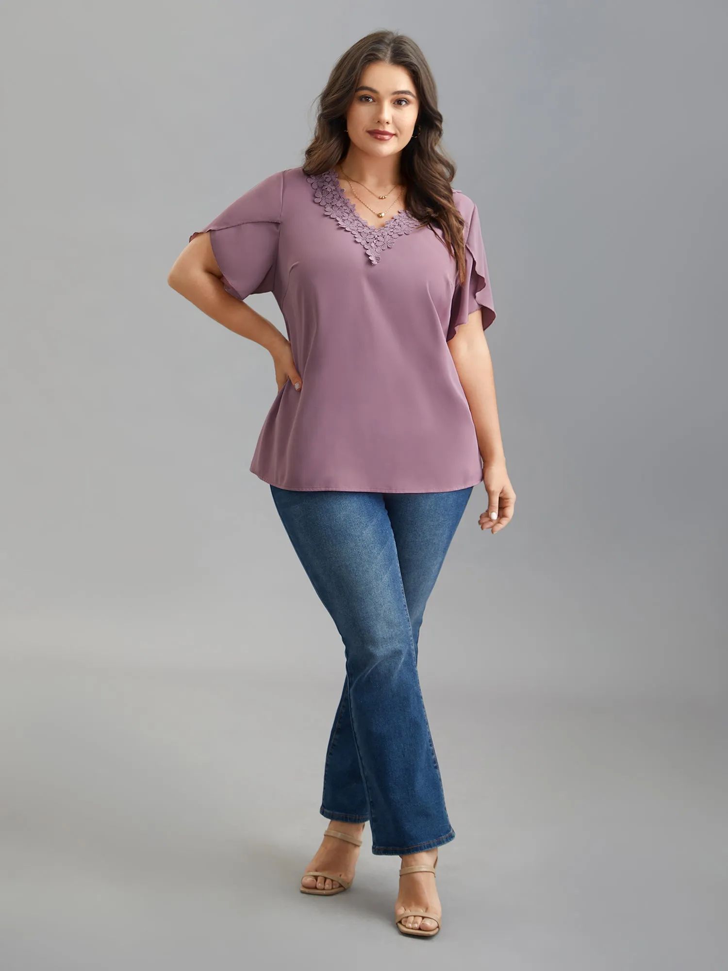 Lace V-Neck Petal Sleeve Shirt sold by Bloomchic product image thumbnail 2