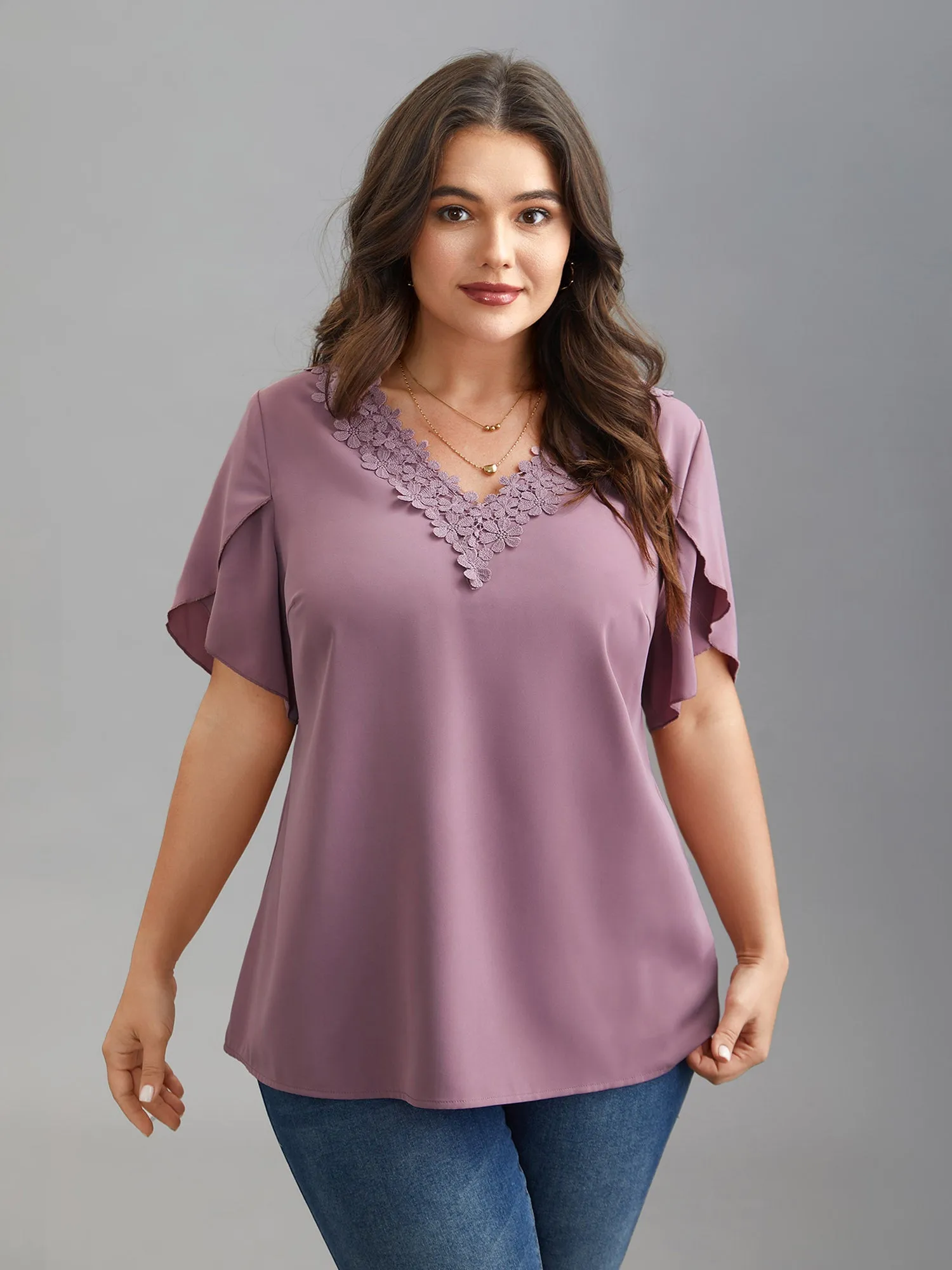 Lace V-Neck Petal Sleeve Shirt sold by Bloomchic product image thumbnail 3