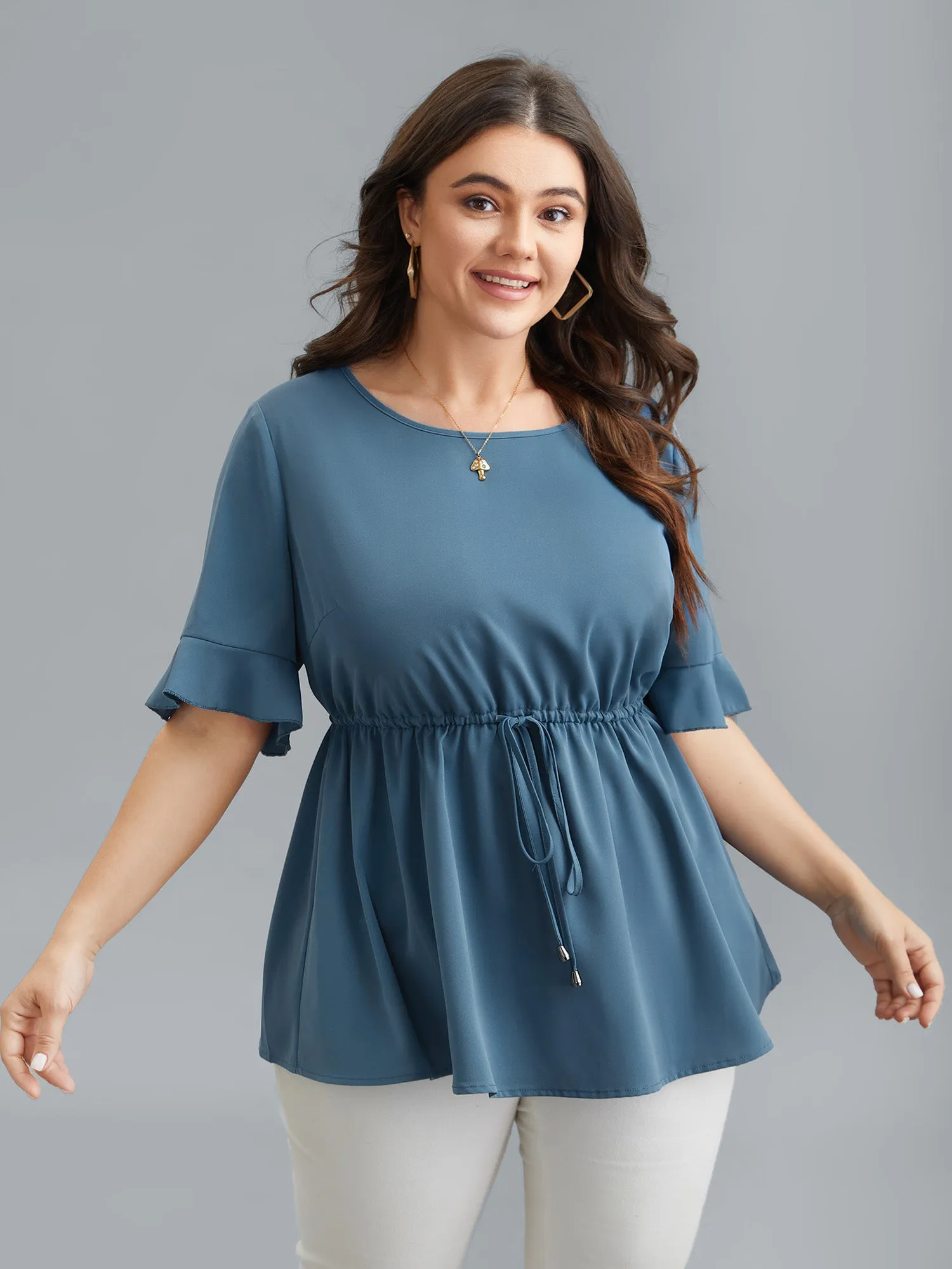 Ruffled Edge Sleeve Waist-Tie Shirt sold by Bloomchic