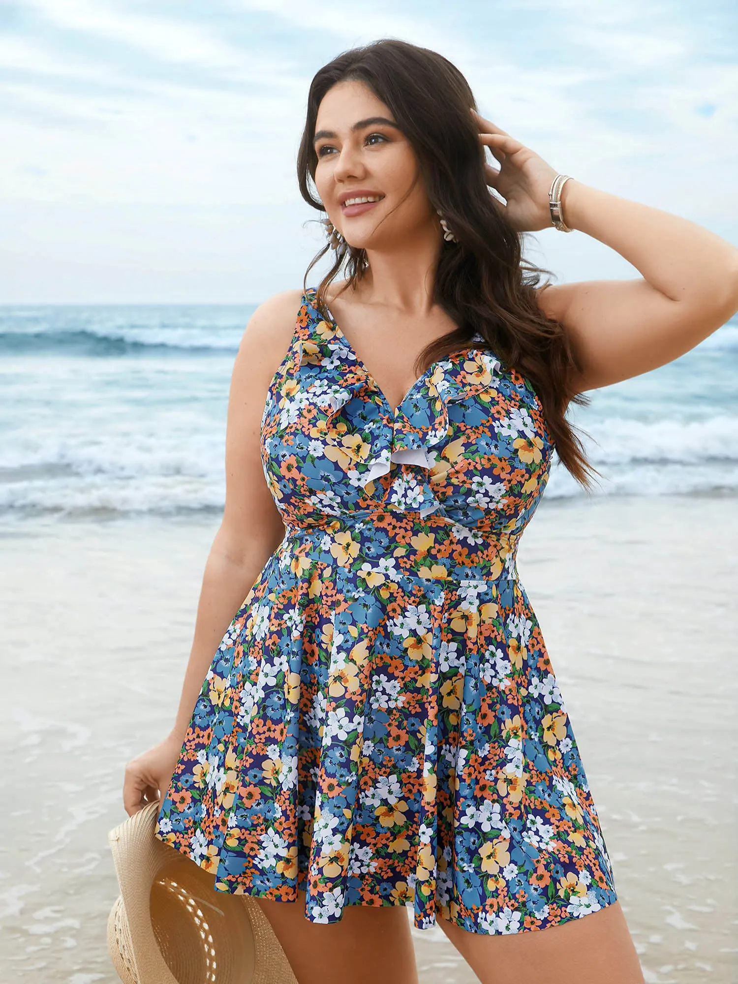 Floral Ruffled Flared Swim Dress sold by Bloomchic