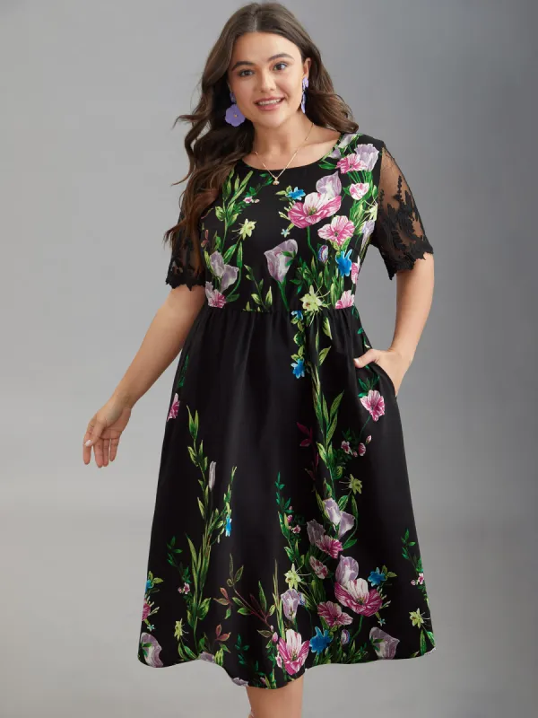 Floral Print Flared Sleeve Spliced Midi Dress sold by Bloomchic
