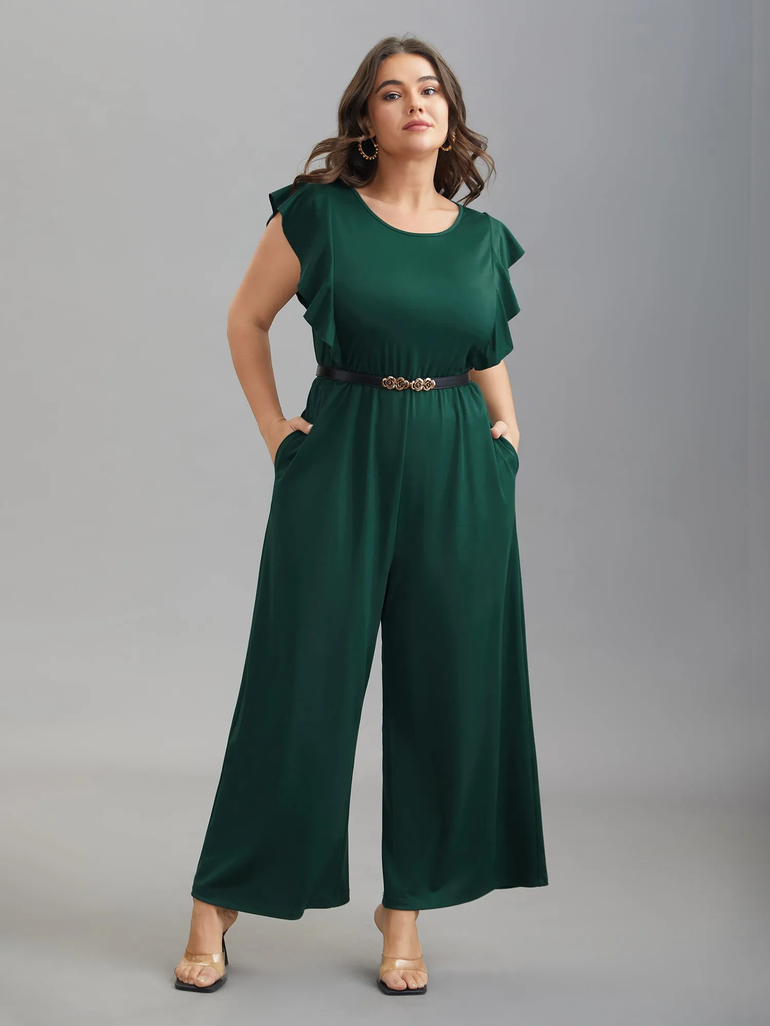 Flutter Sleeve Waist Cinched Flared Jumpsuit sold by Bloomchic product image thumbnail 2