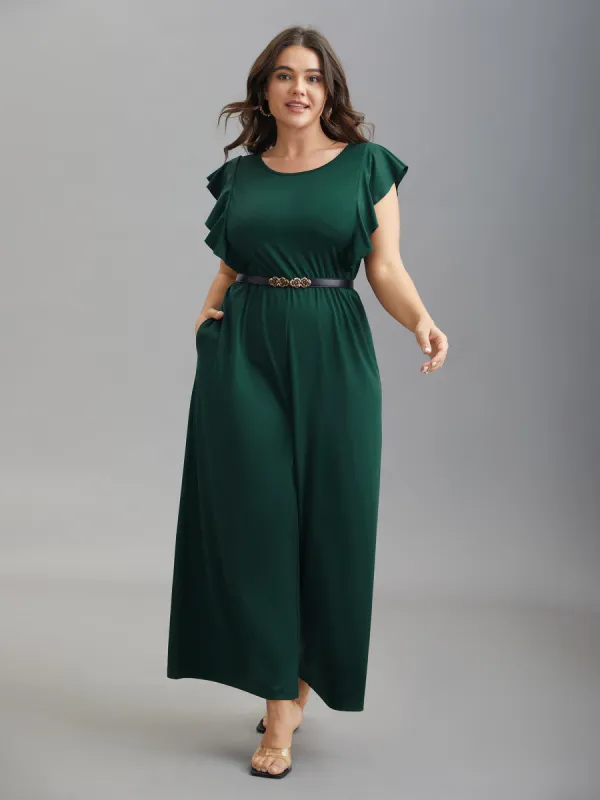 Flutter Sleeve Waist Cinched Flared Jumpsuit sold by Bloomchic