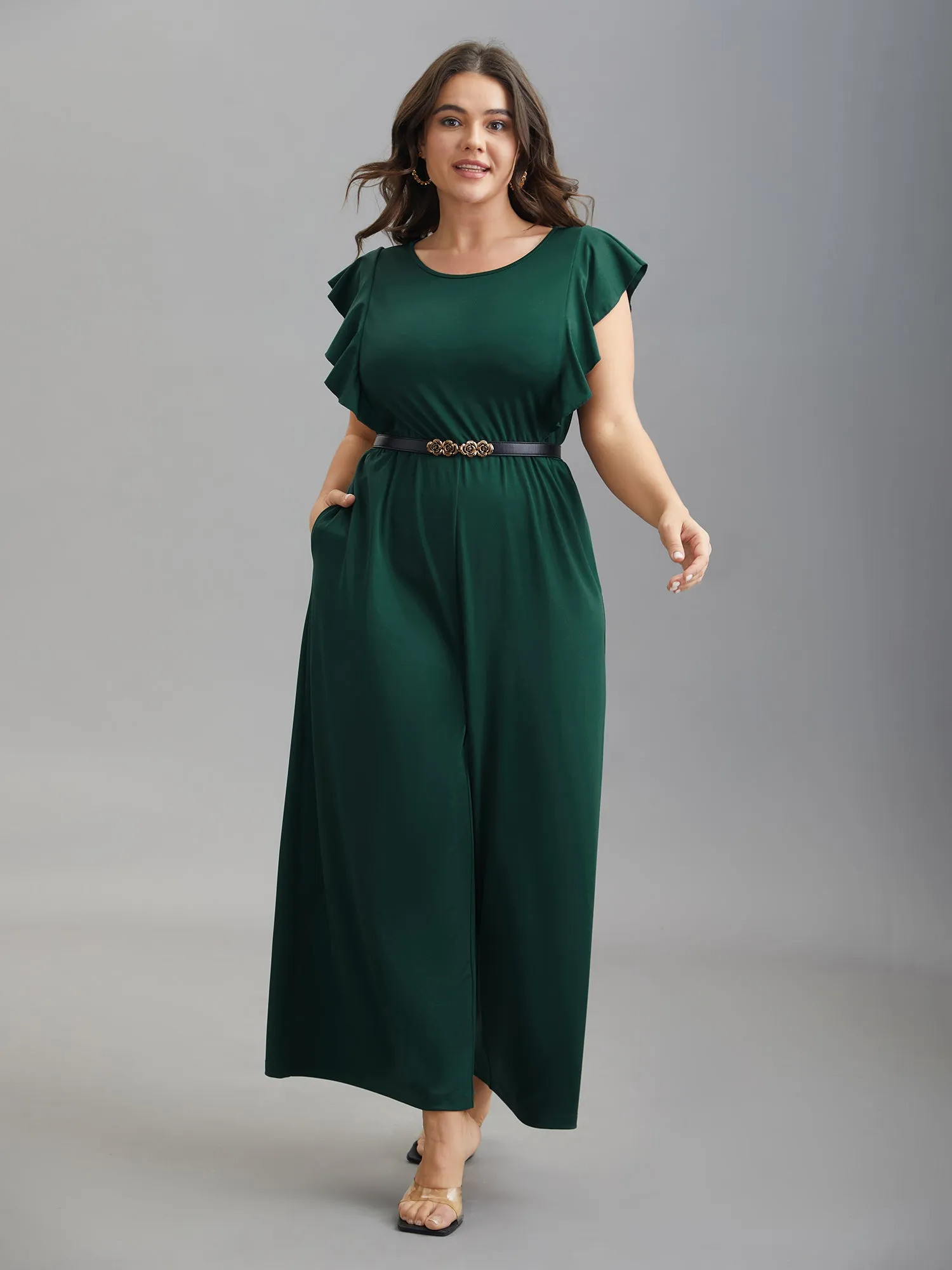 Flutter Sleeve Waist Cinched Flared Jumpsuit sold by Bloomchic