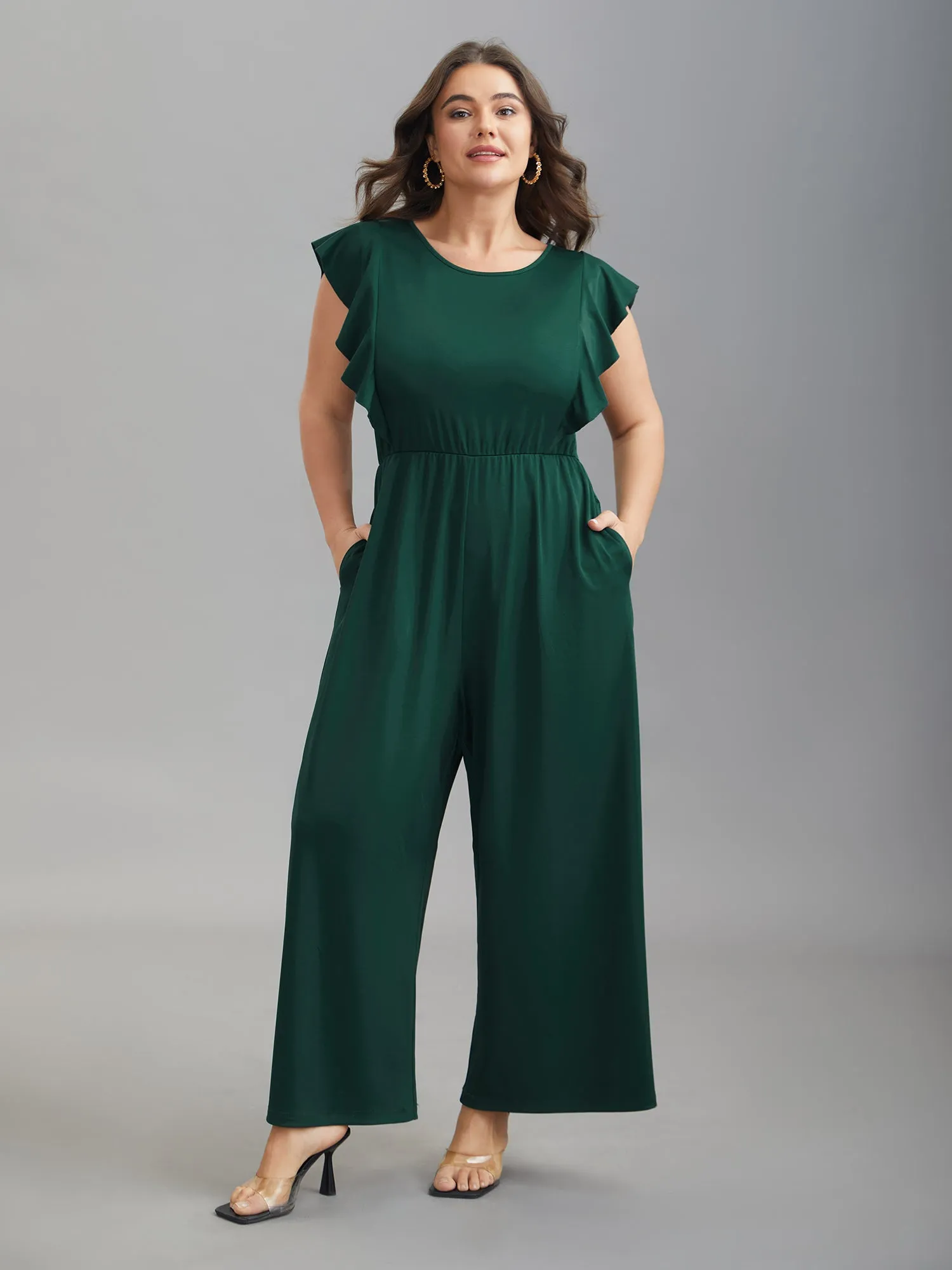 Flutter Sleeve Waist Cinched Flared Jumpsuit sold by Bloomchic product image thumbnail 4