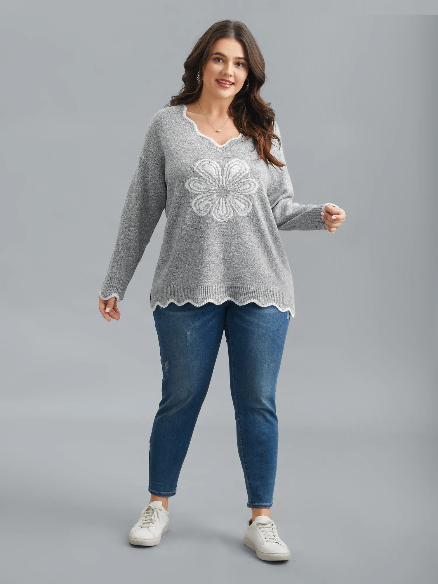Floral Print Jacquard V-Neck Pullover sold by Bloomchic product image thumbnail 4