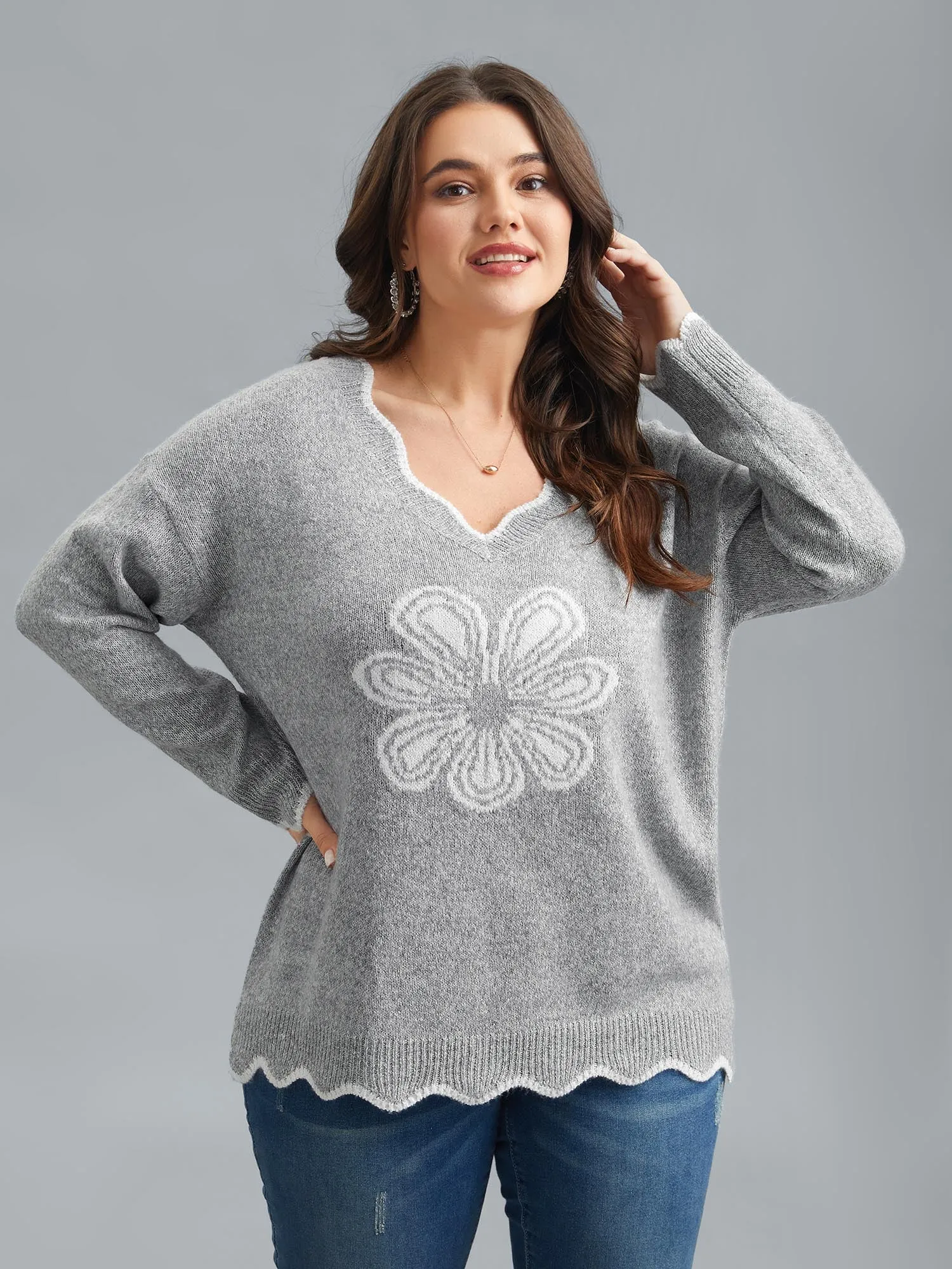 Floral Print Jacquard V-Neck Pullover sold by Bloomchic