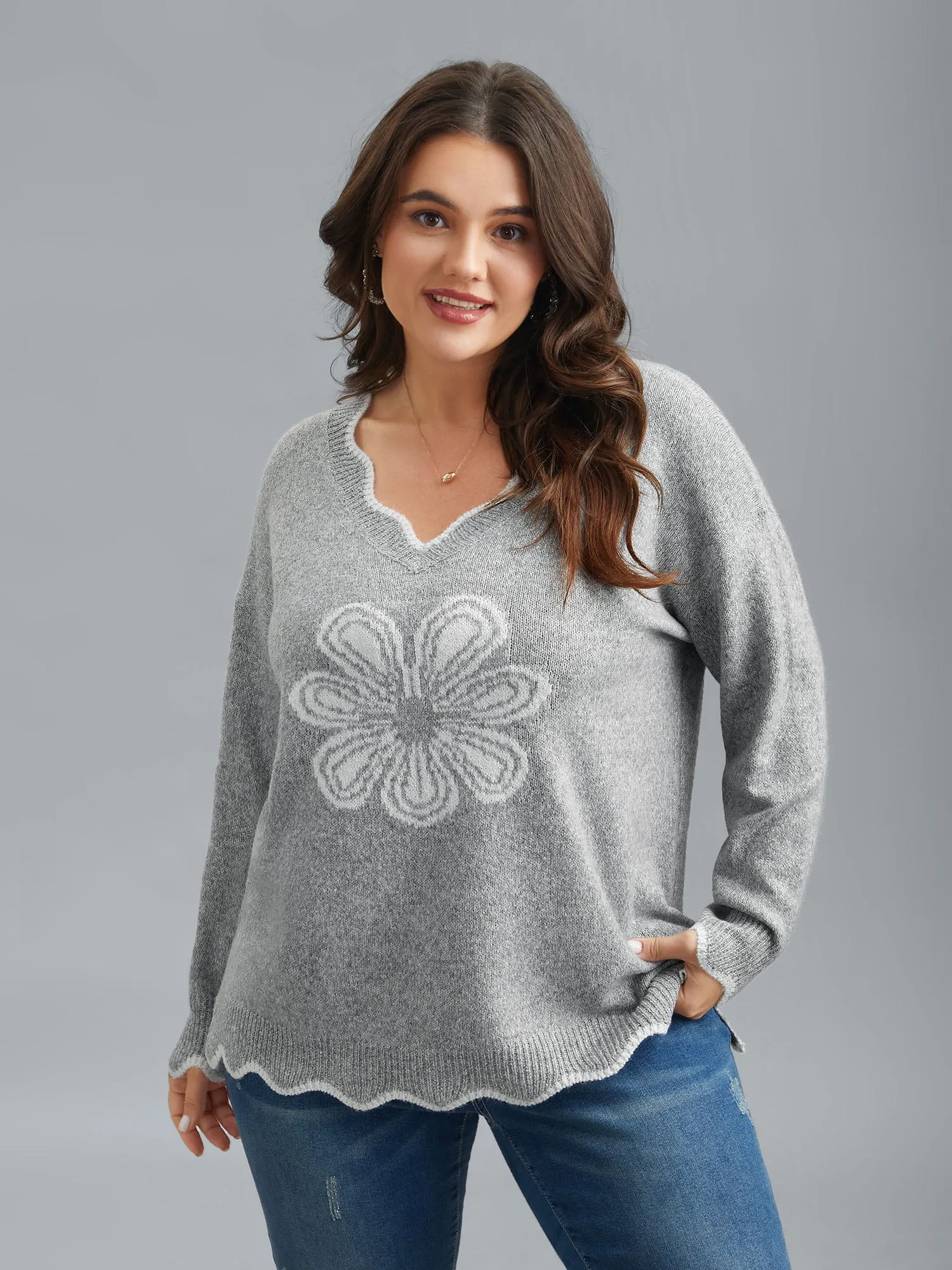 Floral Print Jacquard V-Neck Pullover sold by Bloomchic product image thumbnail 3