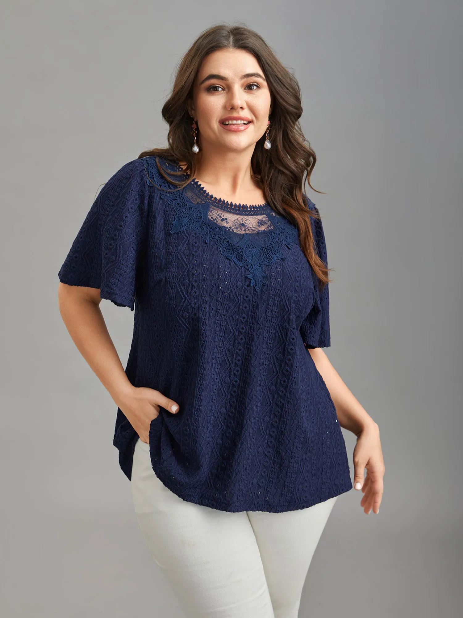 Lace Sheer Neck Textured Top sold by Bloomchic product image thumbnail 4