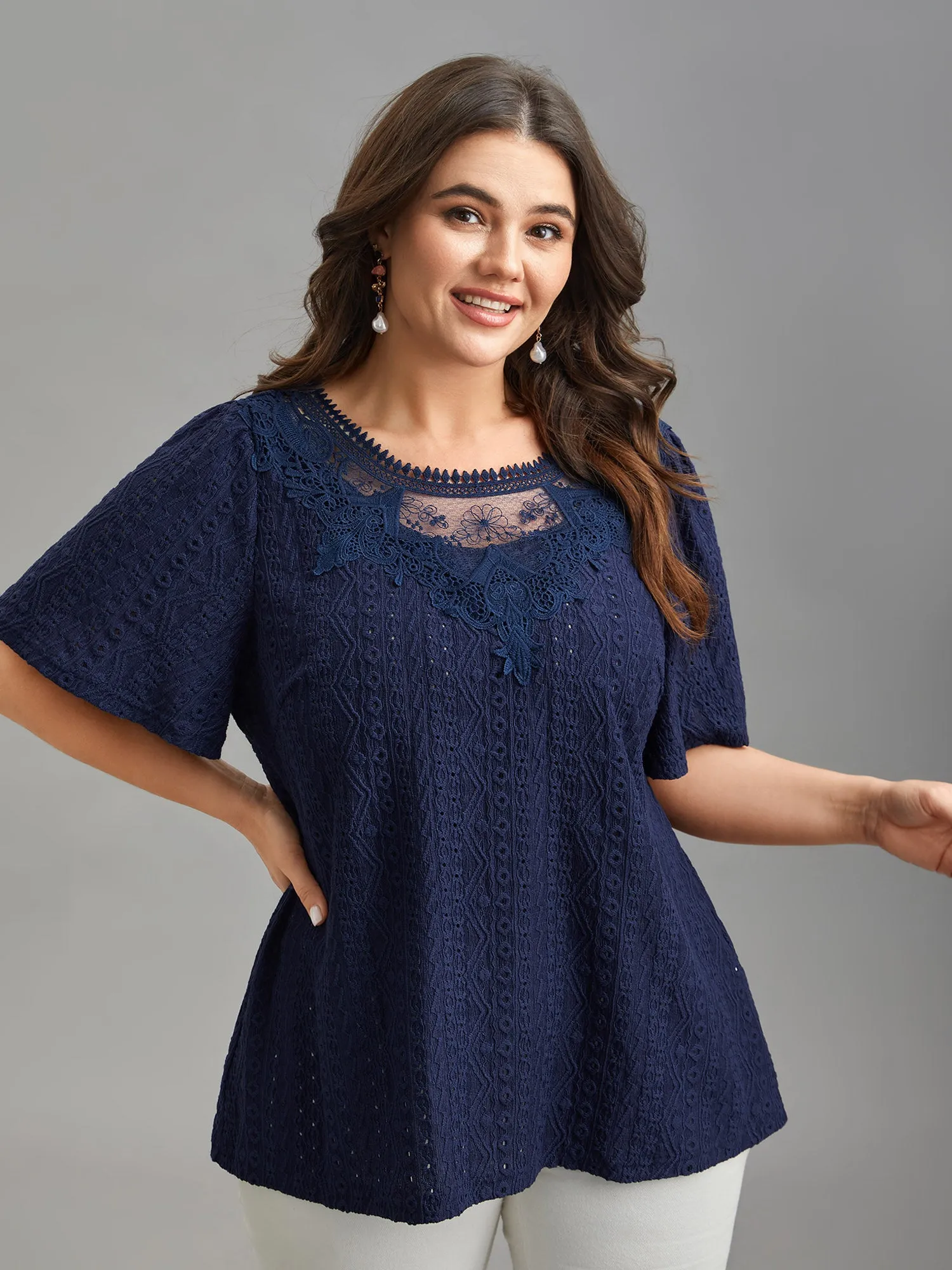 Lace Sheer Neck Textured Top sold by Bloomchic