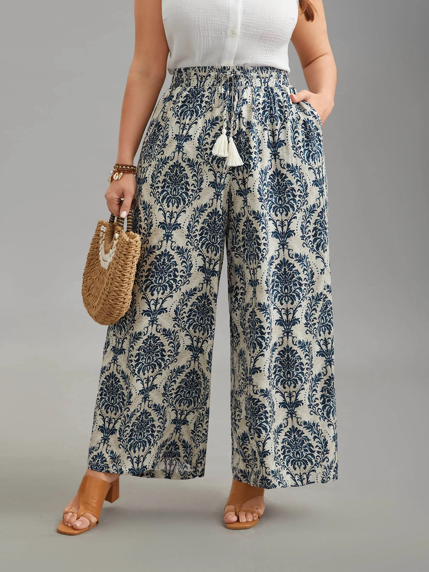 Damask Print Tassel Straight-Leg Pants sold by Bloomchic