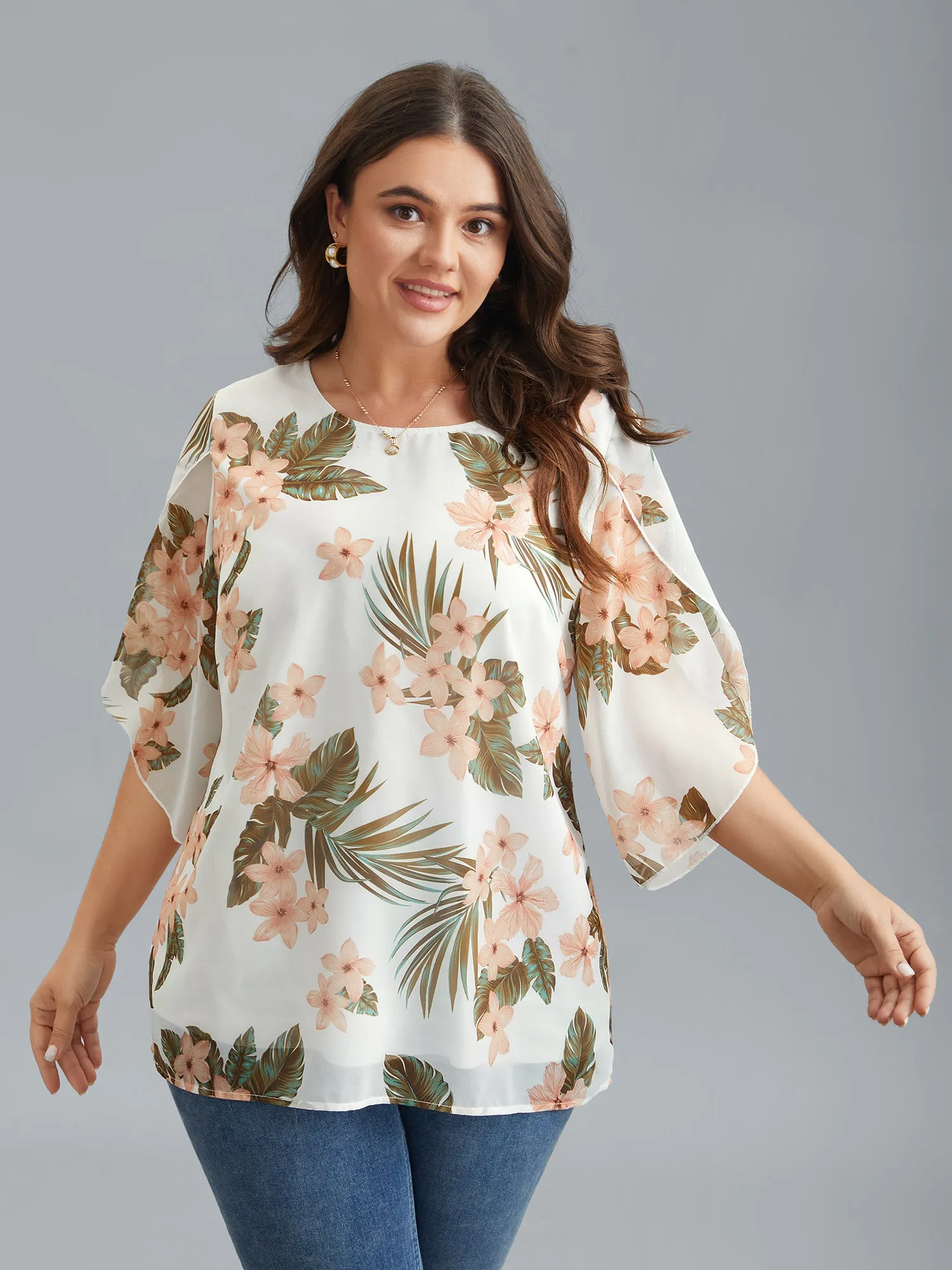 Petal Sleeve Floral Round Neck Shirt sold by Bloomchic