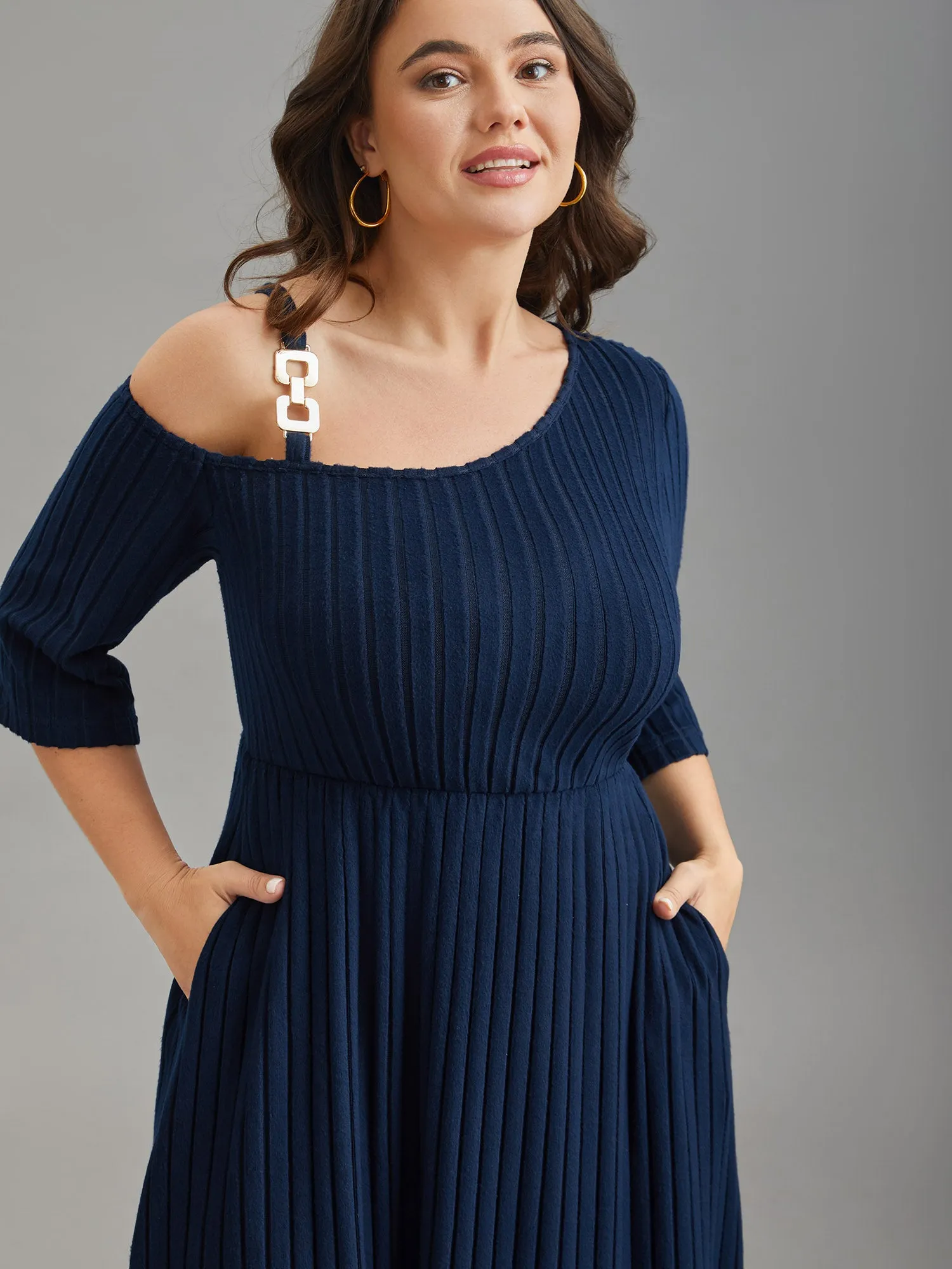 One-Shoulder Pit-Strip Knit Buckle Midi Dress sold by Bloomchic