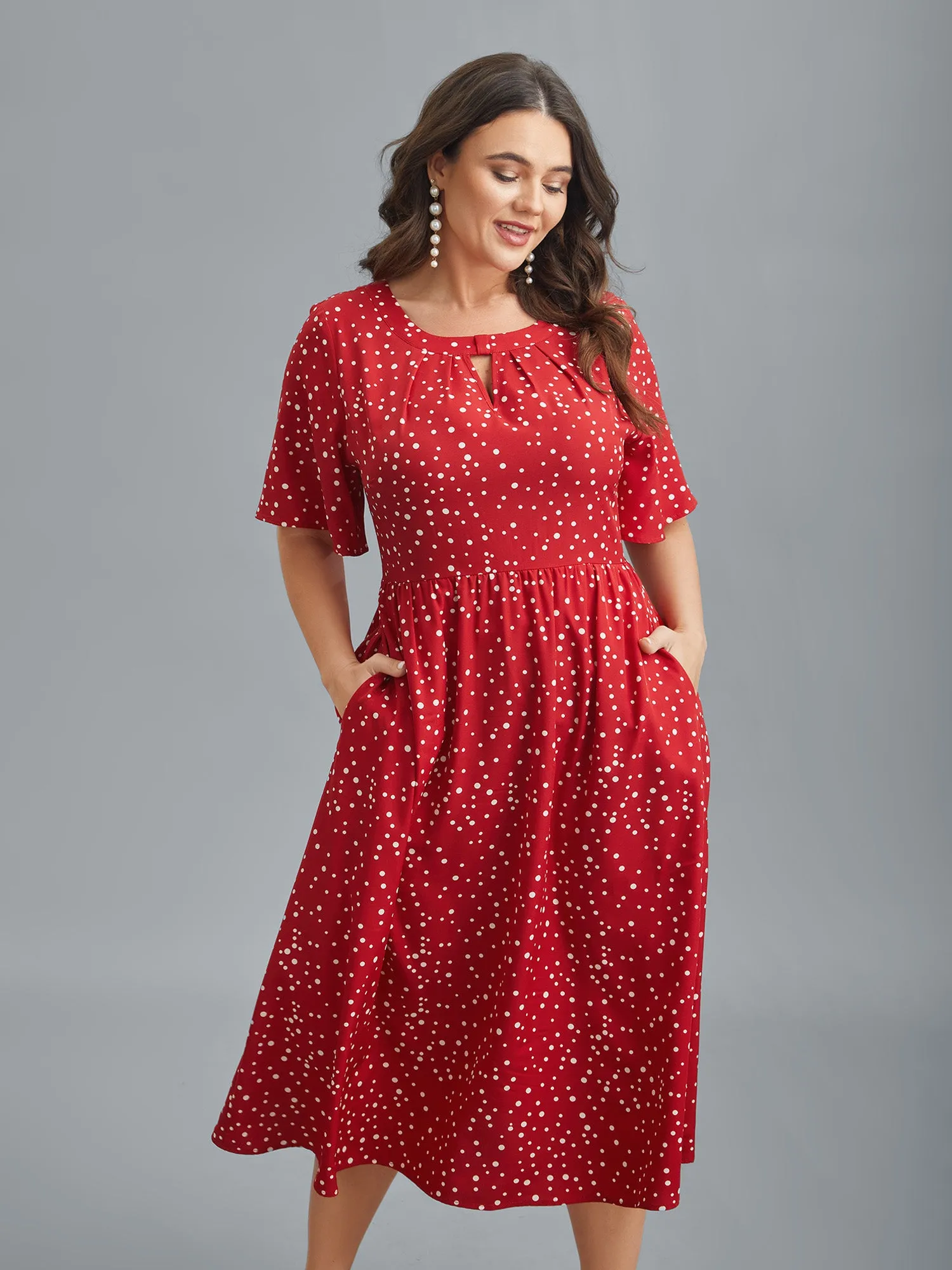 Polka Dots Print Cut-Out Flutter Sleeve Midi Dress sold by Bloomchic