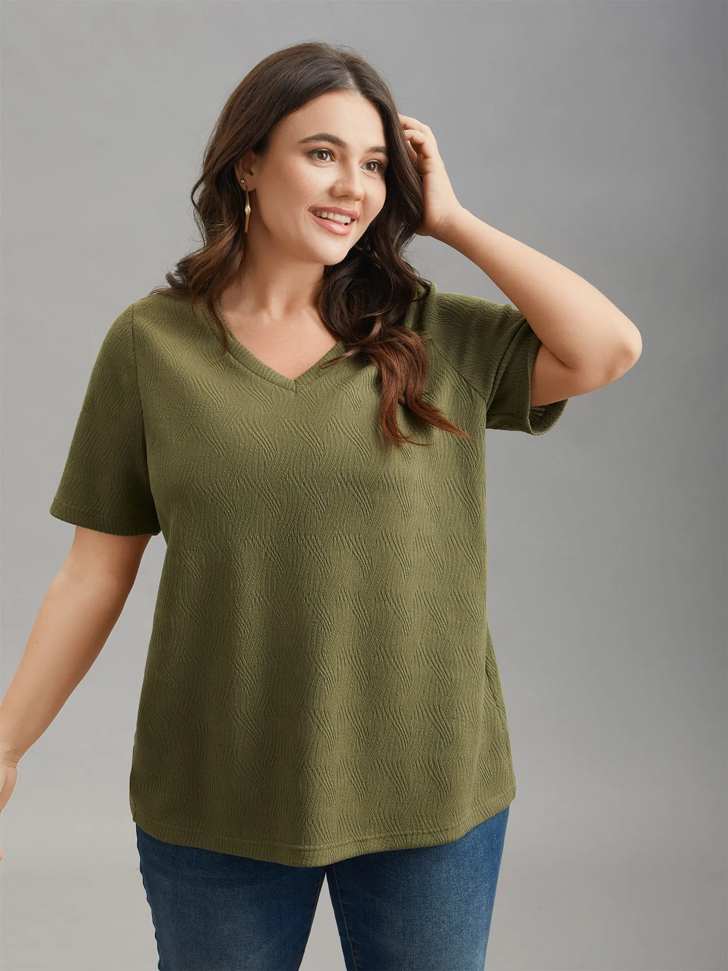 Textured V-Neck Half Sleeve T-Shirt sold by Bloomchic