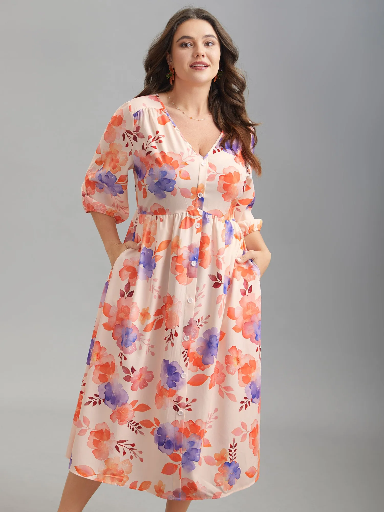 Floral Fusion Front-Placket Midi Dress sold by Bloomchic