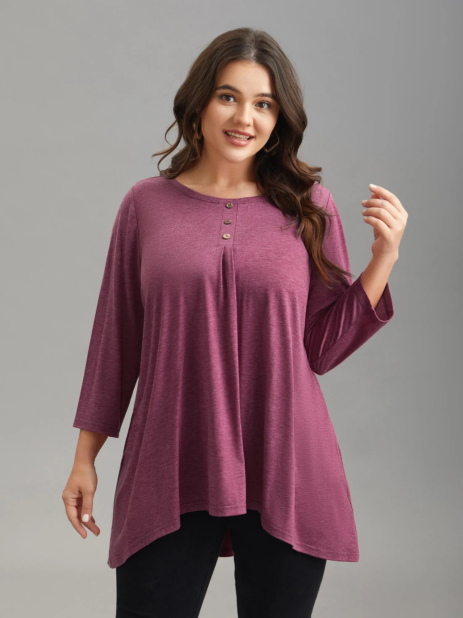 Button-Front High Low Hem Knit Top sold by Bloomchic