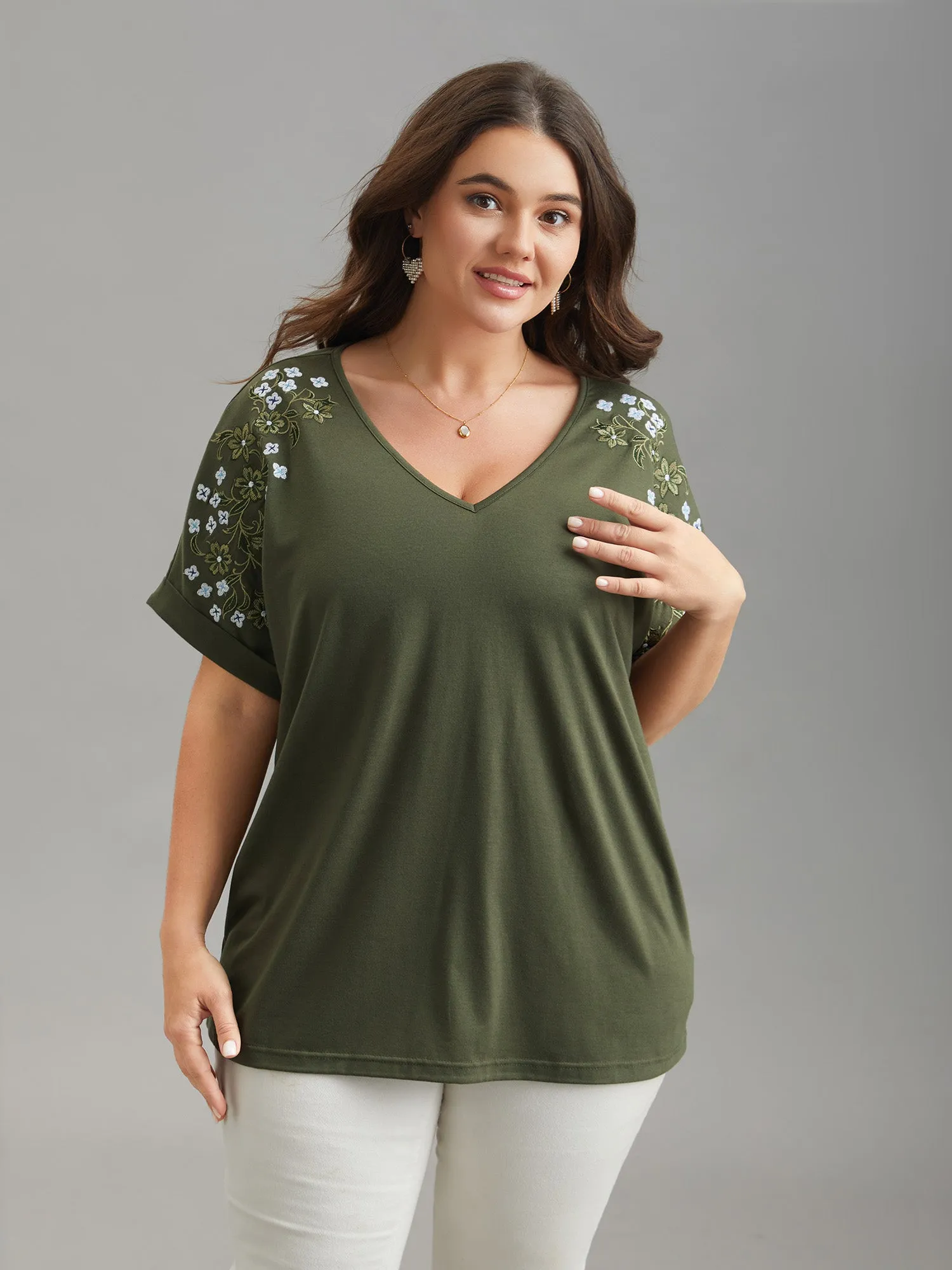 Stretchy Embroidered Drop Shoulder T-Shirt sold by Bloomchic product image thumbnail 3