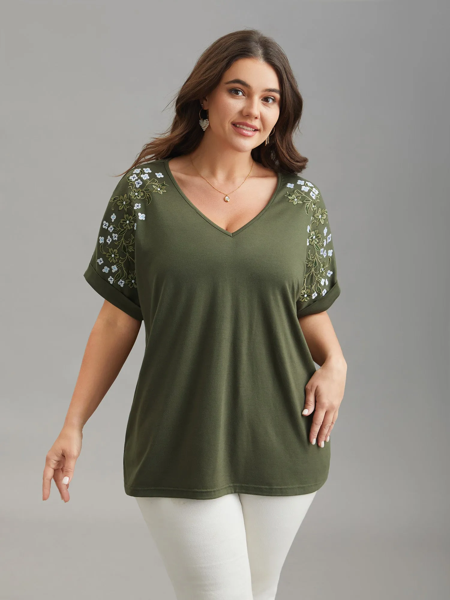Stretchy Embroidered Drop Shoulder T-Shirt sold by Bloomchic